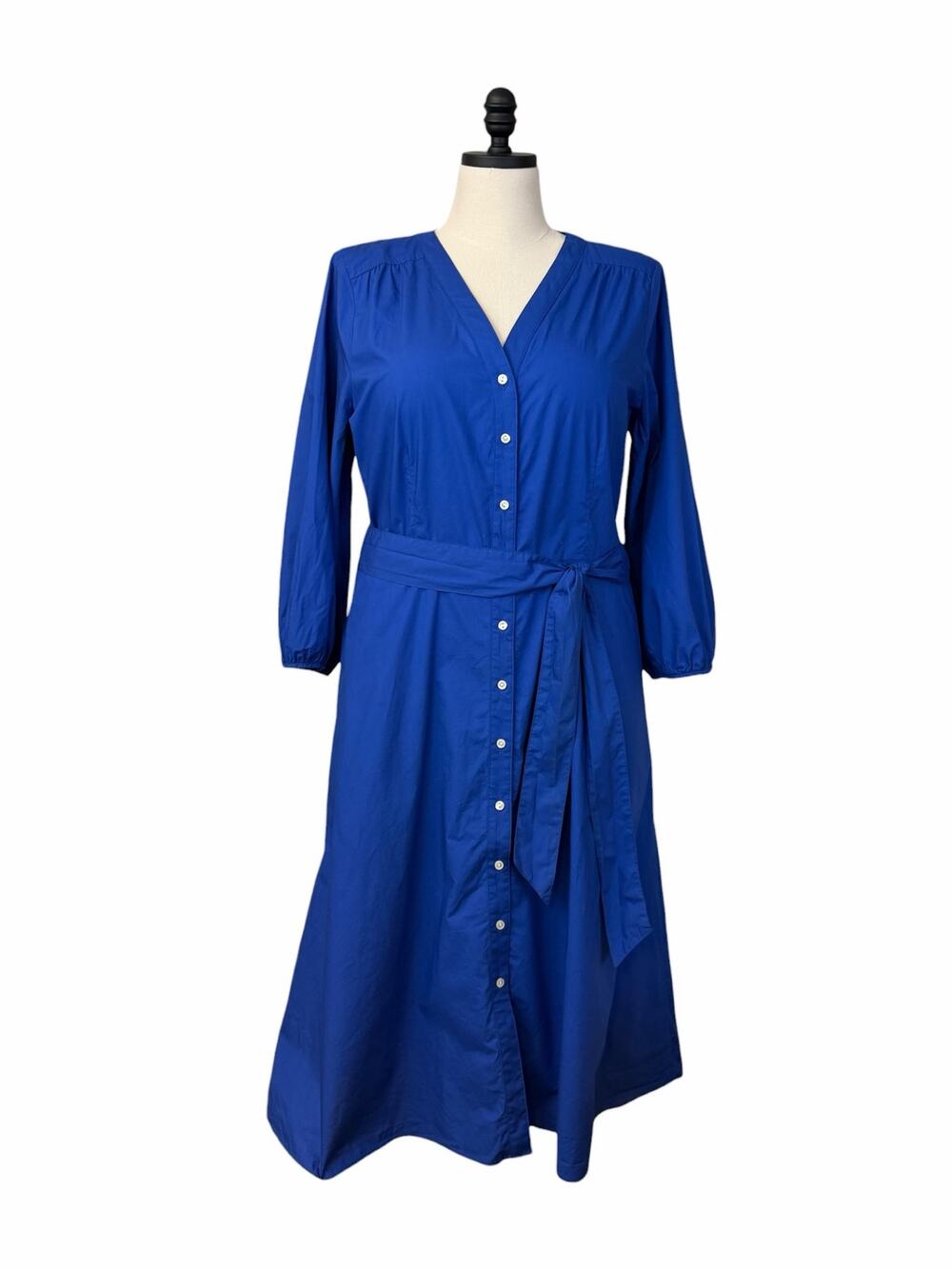 Talbots Cotton Shirtdress Size 14 Button Front Belted Midi Royal Blue 3/4 Sleeve